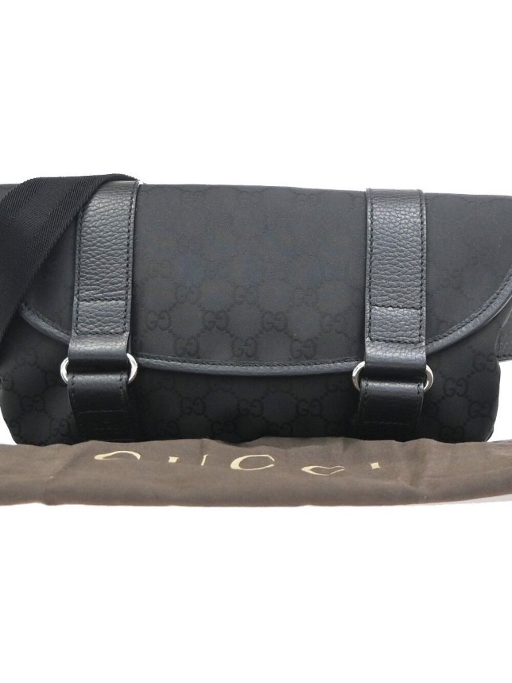 GUCCI Logo GG Pattern Mini Waist Belt Bag Canvas Leather Black SHW Italy 79ZA364